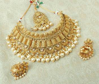 Lalso Designer Gold Plated Kundan Stone Golden Drops Bridal Choker Necklace Earring Jewelry Set - LCN29_LCT 1
