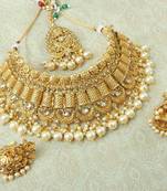 Lalso Designer Gold Plated Kundan Stone Golden Drops Bridal Choker Necklace Earring Jewelry Set - LCN29_LCT