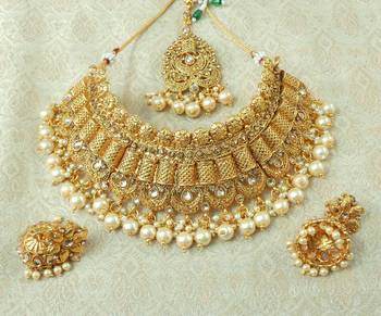 Lalso Designer Gold Plated Kundan Stone Golden Drops Bridal Choker Necklace Earring Jewelry Set - LCN29_LCT 2