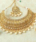 Lalso Designer Gold Plated Kundan Stone Golden Drops Bridal Choker Necklace Earring Jewelry Set - LCN30_LCT