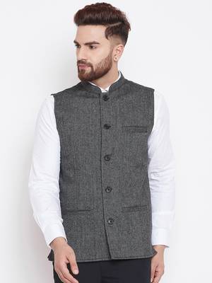 Grey woven wool nehru-jacket 1