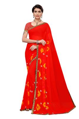 Red printed chiffon saree with blouse 1