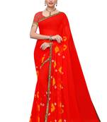 Red printed chiffon saree with blouse