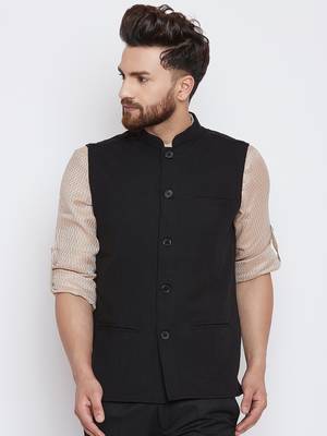 Black woven linen nehru-jacket 1