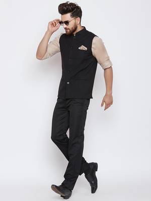 Black woven linen nehru-jacket 2