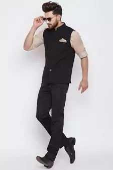 Black woven linen nehru-jacket