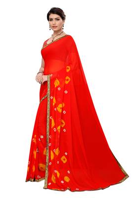 Red printed chiffon saree with blouse 2