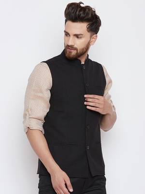 Black woven linen nehru-jacket 3