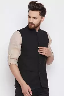 Black woven linen nehru-jacket