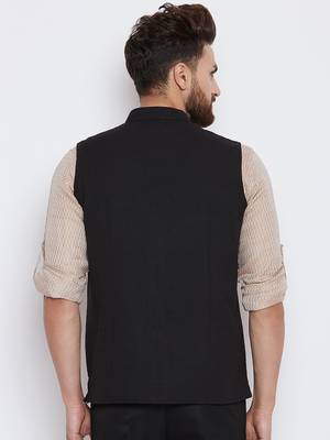 Black woven linen nehru-jacket 4