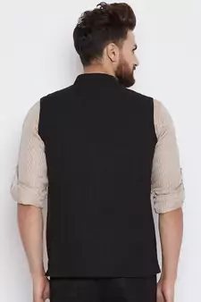 Black woven linen nehru-jacket