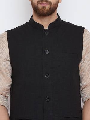 Black woven linen nehru-jacket 5