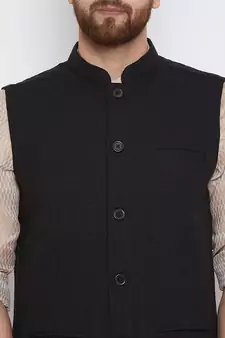 Black woven linen nehru-jacket