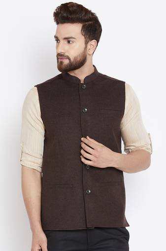 Brown Woven Wool Nehru Jacket