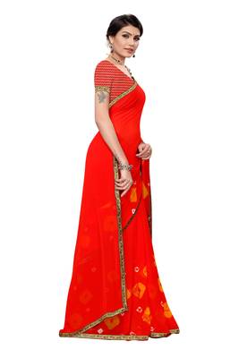 Red printed chiffon saree with blouse 3