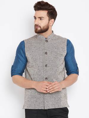 Beige woven wool nehru-jacket 1