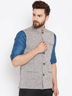 Beige woven wool nehru-jacket 3