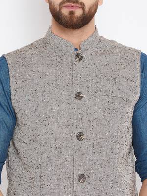 Beige woven wool nehru-jacket 5