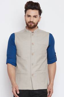 Beige Woven Linen Nehru Jacket