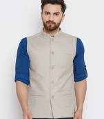 Beige Woven Linen Nehru Jacket