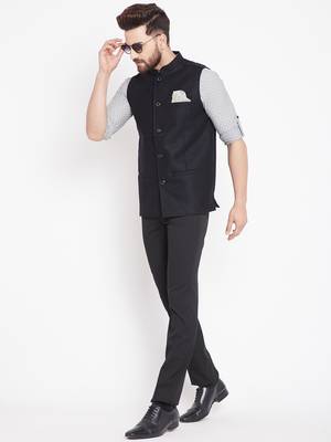 Black woven wool nehru-jacket 2