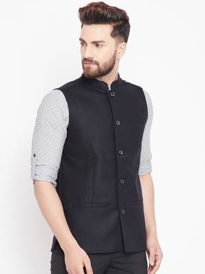 Black woven wool nehru-jacket 3