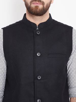Black woven wool nehru-jacket 5