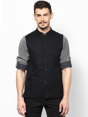 Black woven linen nehru-jacket 1