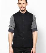 Black woven linen nehru-jacket