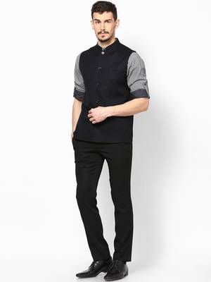 Black woven linen nehru-jacket 2