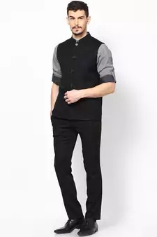 Black woven linen nehru-jacket
