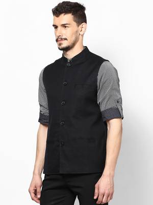 Black woven linen nehru-jacket 3