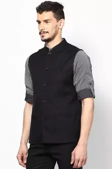Black woven linen nehru-jacket