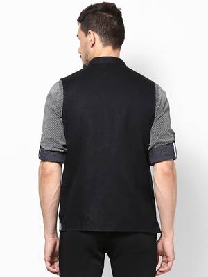 Black woven linen nehru-jacket 4