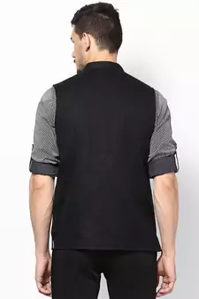 Black woven linen nehru-jacket