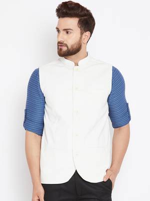 White woven poly cotton nehru-jacket 1