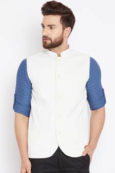 White woven poly cotton nehru-jacket
