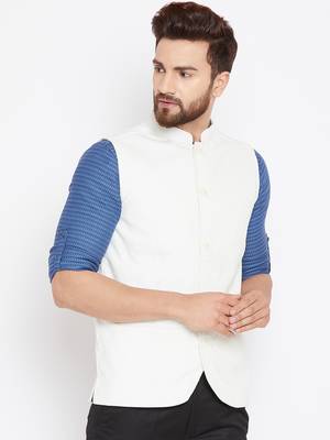 White woven poly cotton nehru-jacket 3