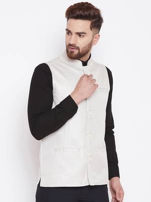 White woven poly cotton nehru-jacket 3