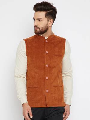Orange woven poly cotton nehru-jacket 1