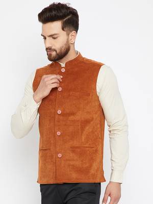 Orange woven poly cotton nehru-jacket 3