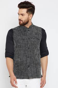 Black Woven Poly Cotton Nehru Jacket