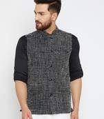 Black Woven Poly Cotton Nehru Jacket