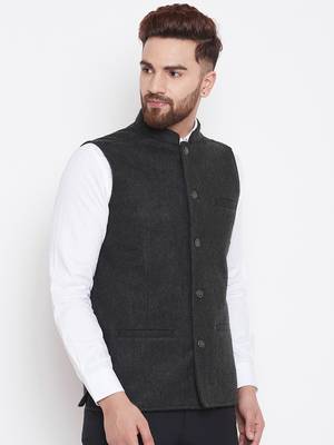 Grey Woven Wool Nehru Jacket 3