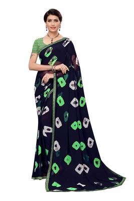 blue printed chiffon saree with blouse 1