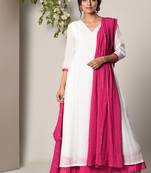 White Pink Border Dress Pink Silver Crinkle Dupatta Set