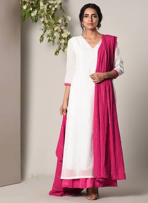 White Pink Border Dress Pink Silver Crinkle Dupatta Set 2