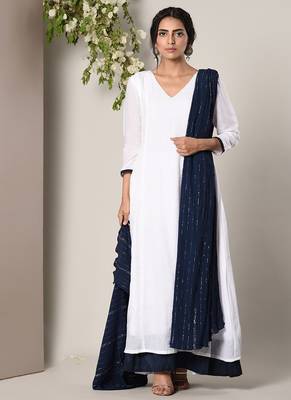 White Blue Border Dress Blue Silver Crinkle Dupatta Set 1