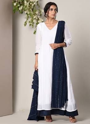 White Blue Border Dress Blue Silver Crinkle Dupatta Set 2