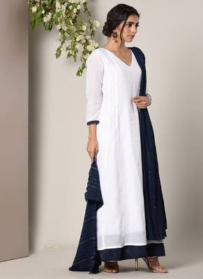 White Blue Border Dress Blue Silver Crinkle Dupatta Set 3